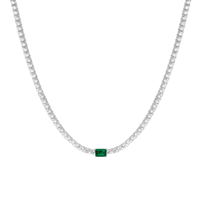 White Sapphire Tennis Necklace with Emerald