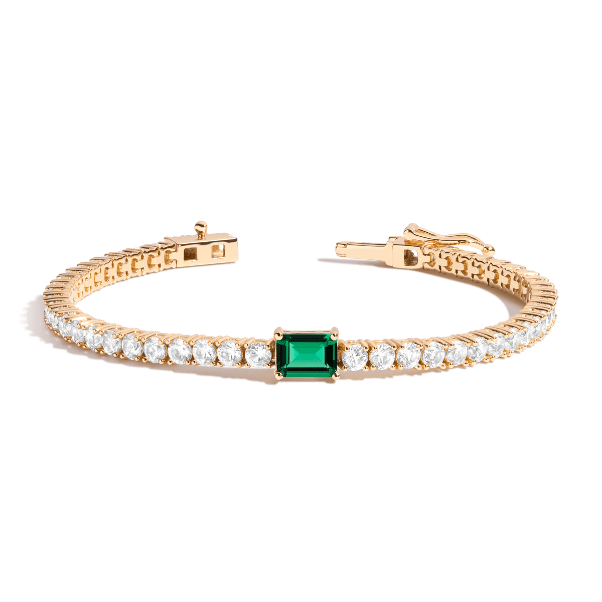 White Sapphire Tennis Bracelet with Emerald Vermeil Yellow Gold 6.5in 7in First