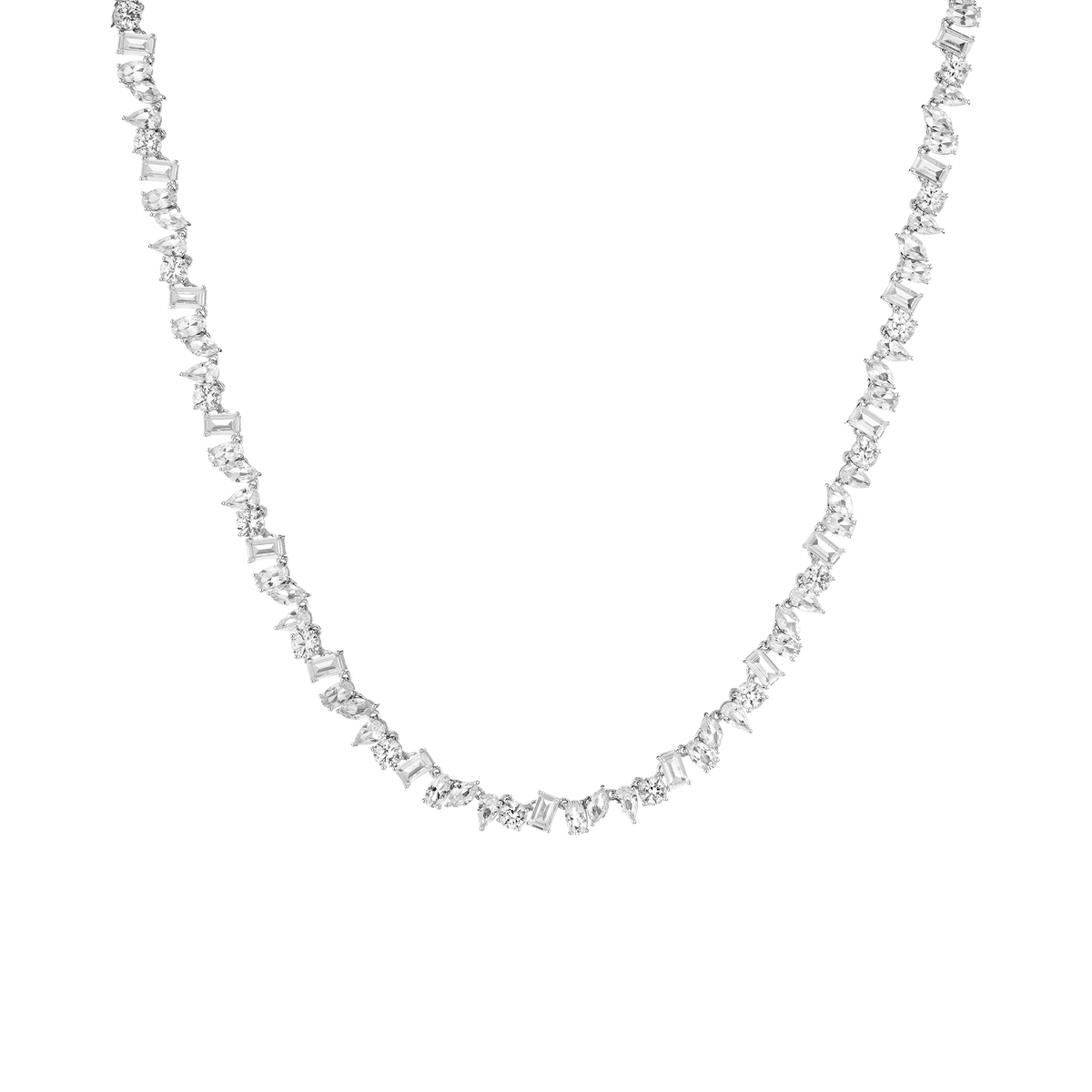 Lab Grown White Sapphire Mixed Shape Tennis Necklace Vermeil White Gold 16in First