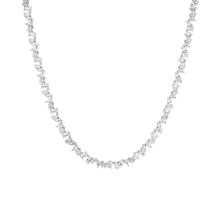 White Sapphire Mixed Shape Tennis Necklace Vermeil White Gold 16in First