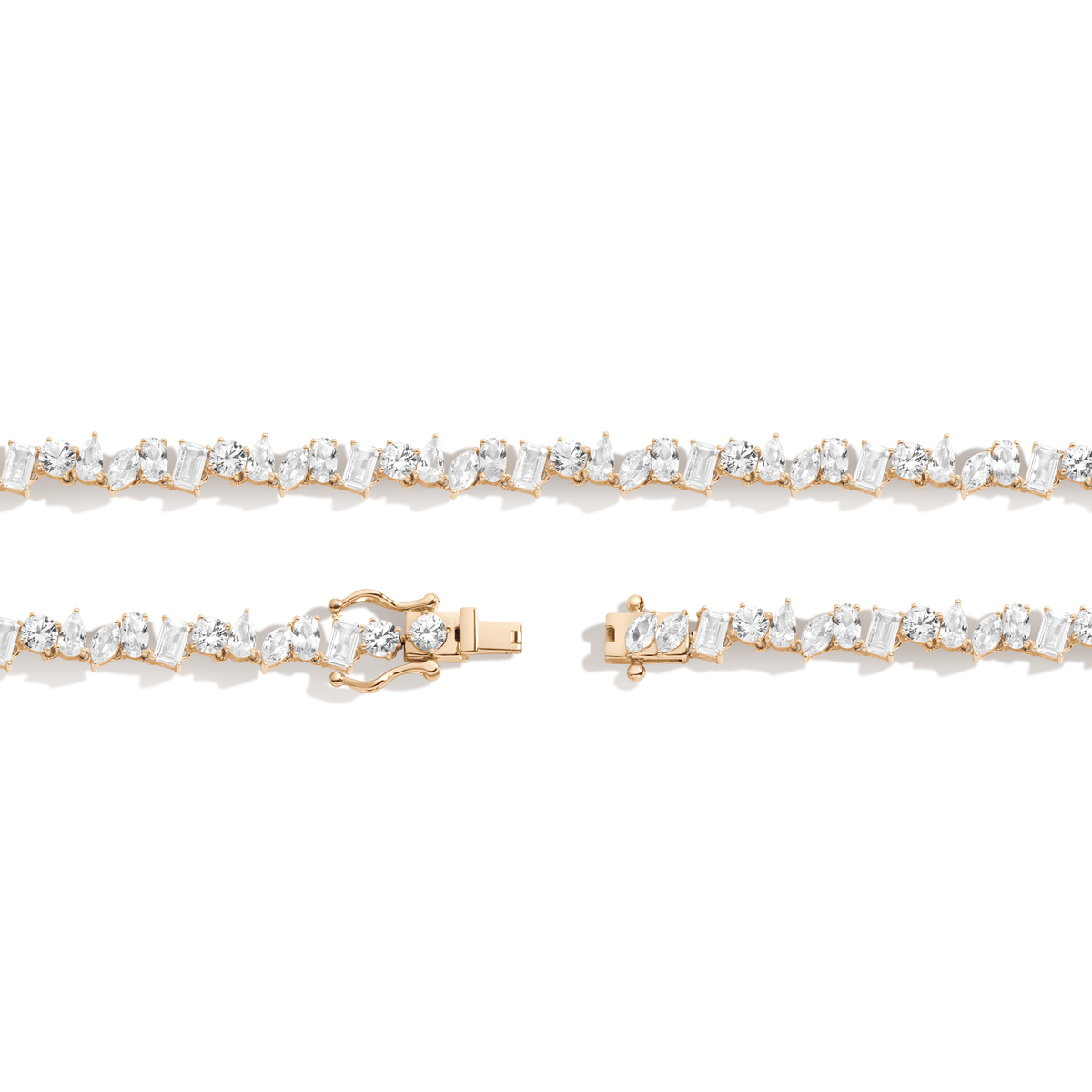 Lab Grown White Sapphire Mixed Shape Tennis Necklace Vermeil Yellow Gold 16in