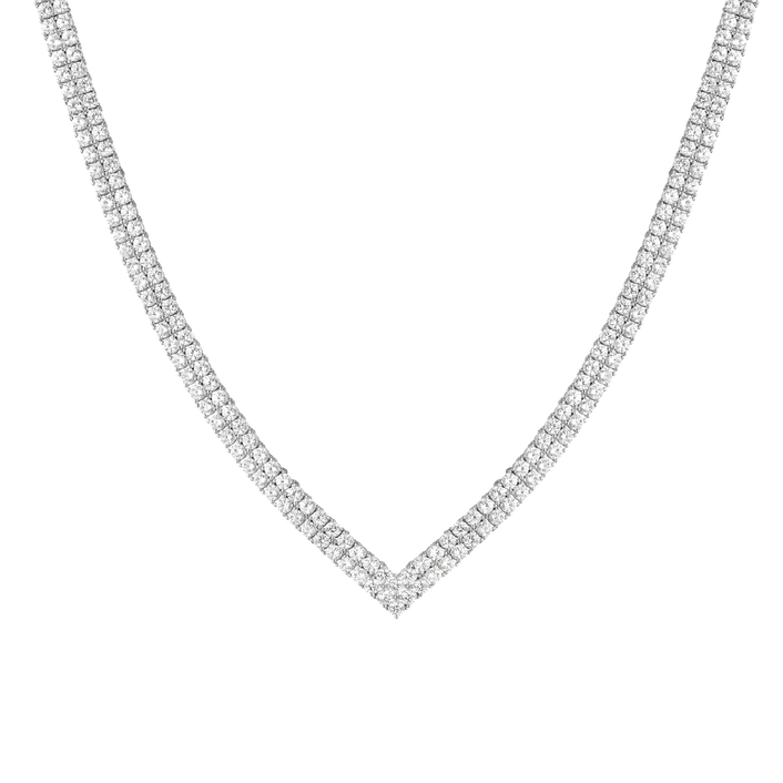 White Sapphire V Shape Tennis Necklace Vermeil White Gold 15in First