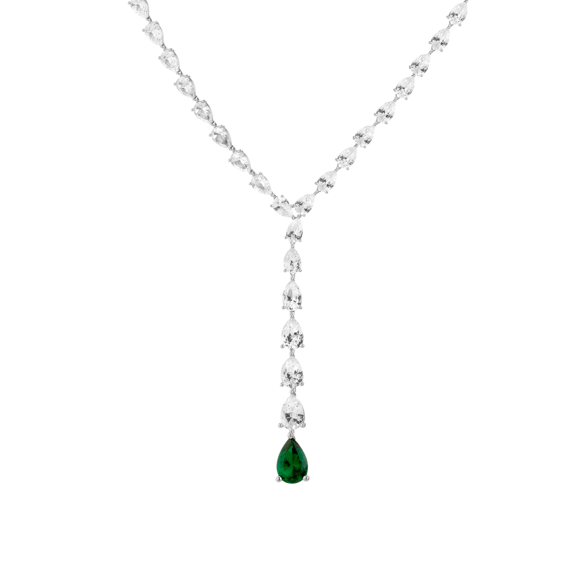 White Sapphire Waterfall Necklace with Emerald Vermeil White Gold 16in First
