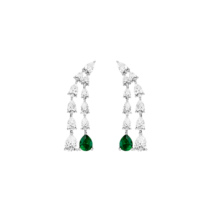 White Sapphire Waterfall Earrings with Emerald