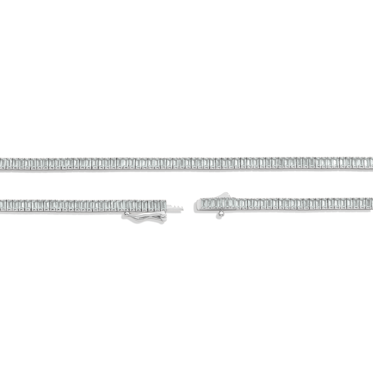 Lab Grown Blue Tourmaline Baguette Tennis Necklace Vermeil White Gold 16in