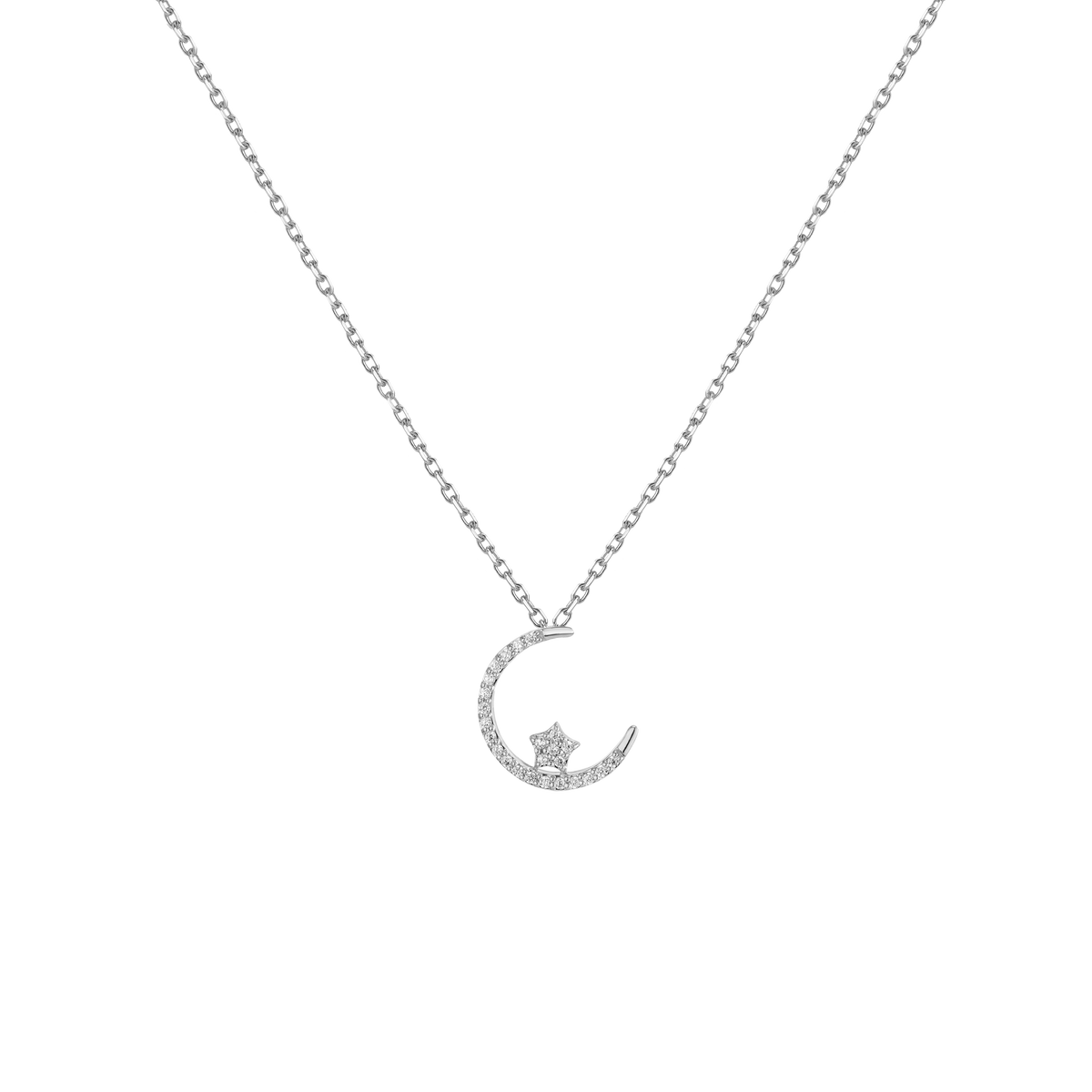 Lab Grown Diamond Crescent Moon and Star Necklace 14k White Gold 18in First