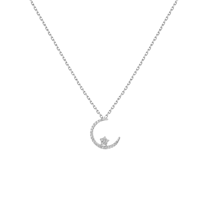 Lab Grown Diamond Crescent Moon and Star Necklace 14k White Gold 18in First