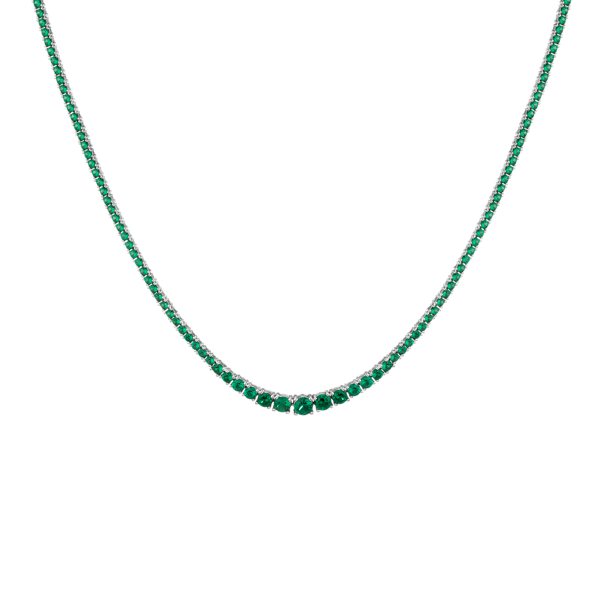 Lab Grown Emerald Green Modern Graduated Tennis Necklace Vermeil White Gold 16in First