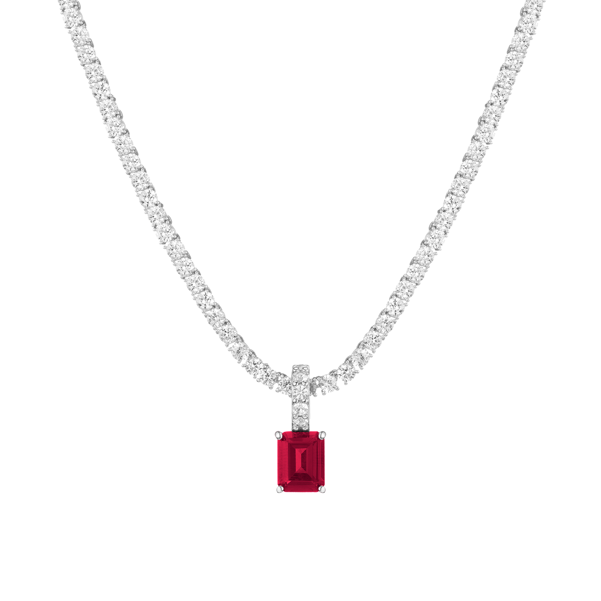 Diamond necklace with a red gemstone pendant on a white background