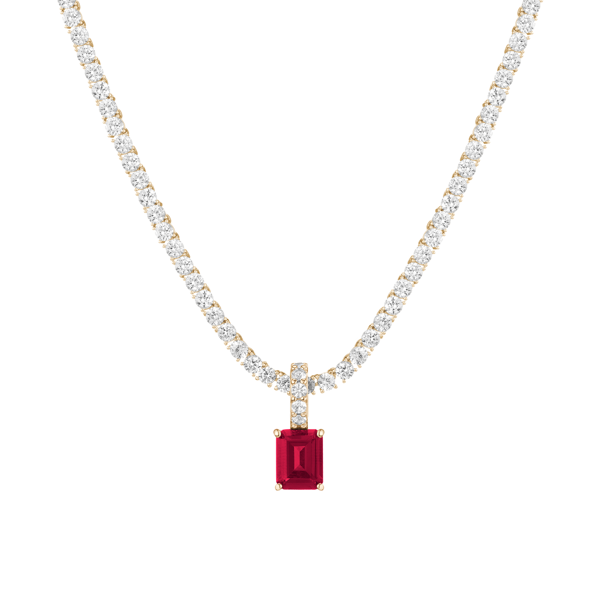 Diamond necklace with a red gemstone pendant on a white 
