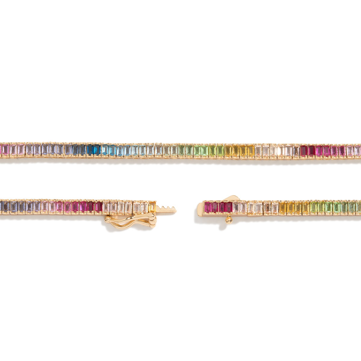Ombré Rainbow Baguette Tennis Necklace Vermeil Yellow Gold 16in