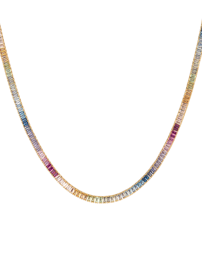 Ombré Rainbow Baguette Tennis Necklace Vermeil Yellow Gold 16in First