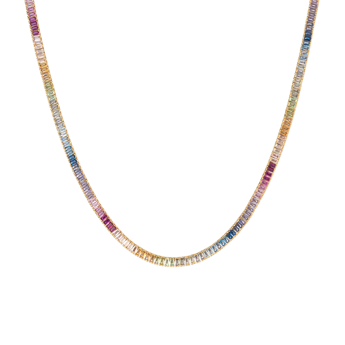 Ombré Rainbow Baguette Tennis Necklace Vermeil Yellow Gold 16in First