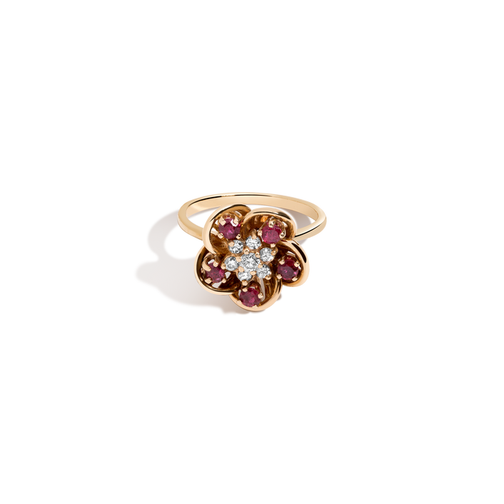 Vintage Diamond & Ruby Rose Flower Ring