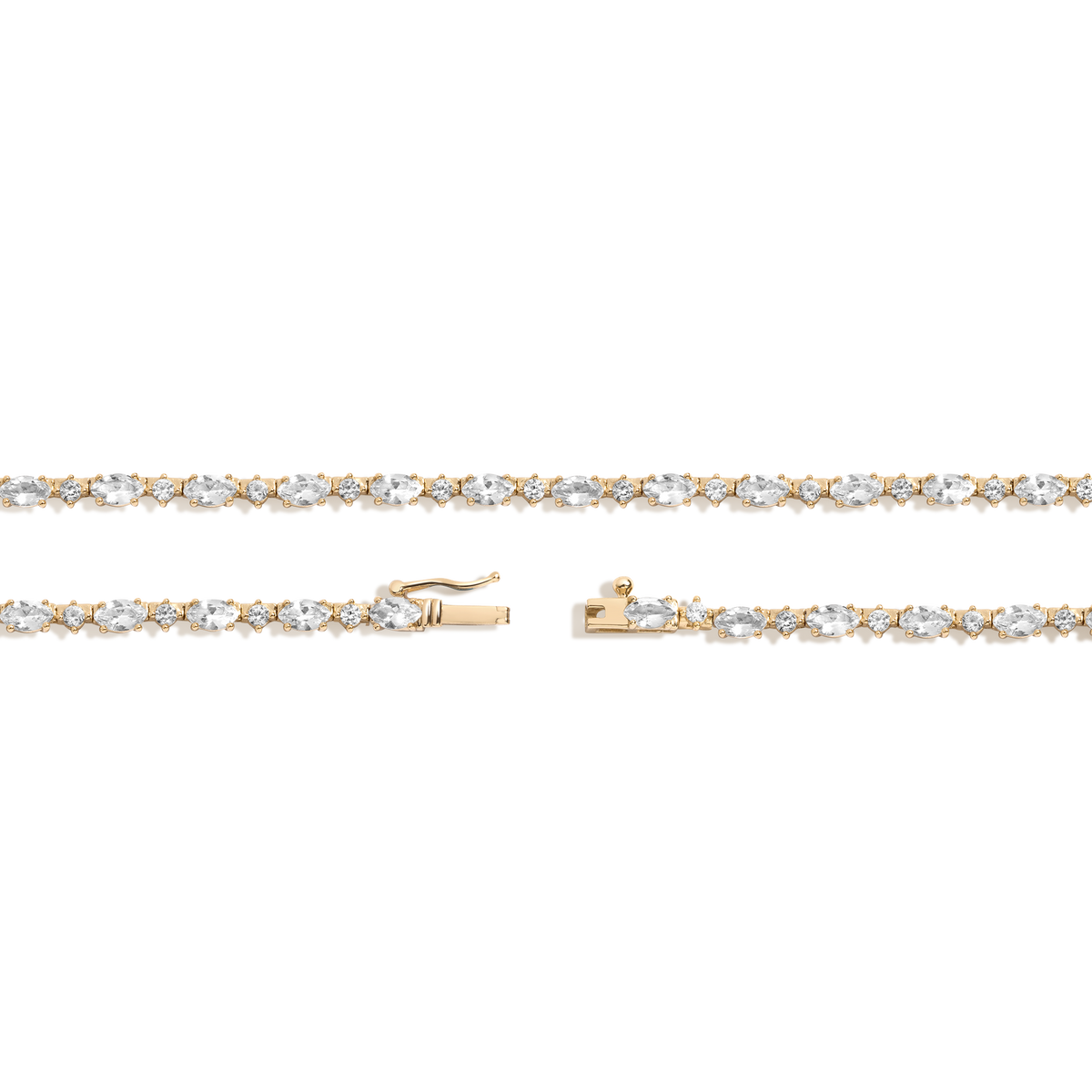 Lab Grown White Sapphire Marquise & Round Tennis Necklace Yellow Gold Vermeil 16in 18in 