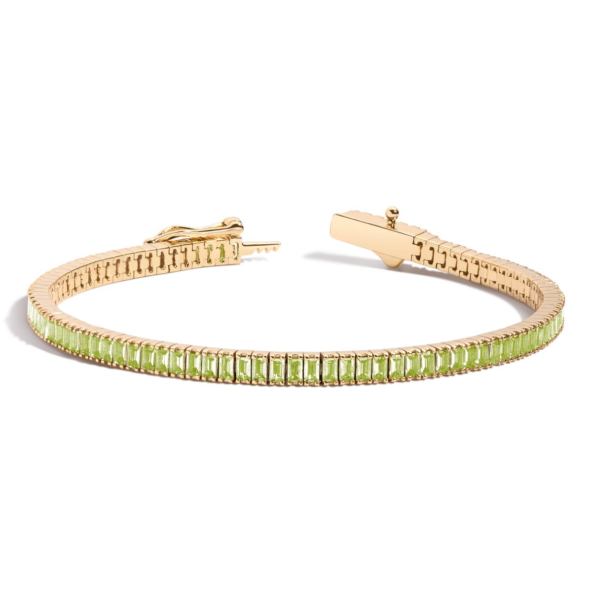 Lab Grown Green Peridot Baguette Tennis Bracelet Vermeil Yellow Gold 6.5in 7in First