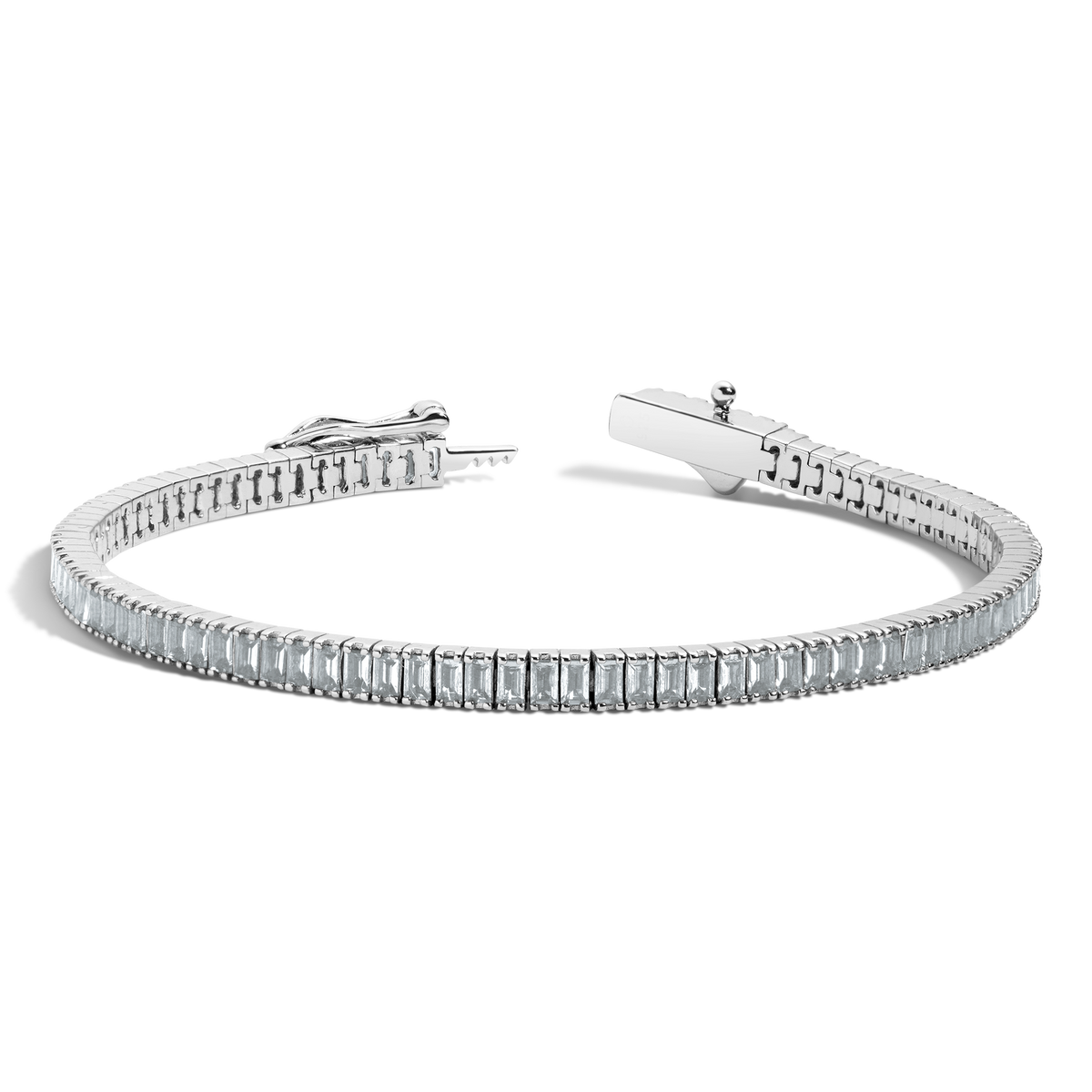 Lab Grown Blue Tourmaline Baguette Tennis Bracelet Vermeil White Gold 6.5in 7in First