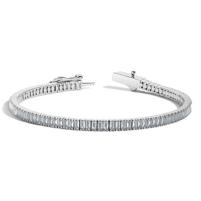 Lab Grown Blue Tourmaline Baguette Tennis Bracelet Vermeil White Gold 6.5in 7in First