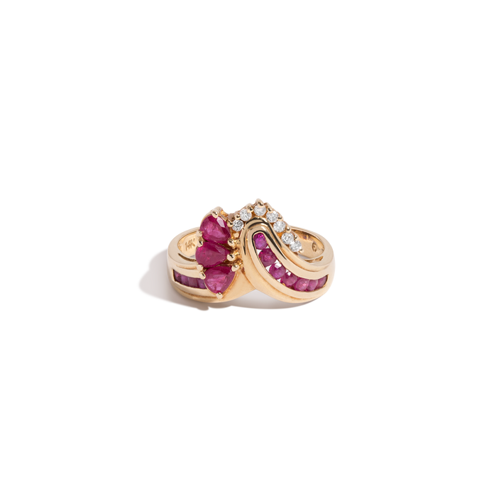 Vintage Red Ruby Rosette Ring 14k Yellow Gold First