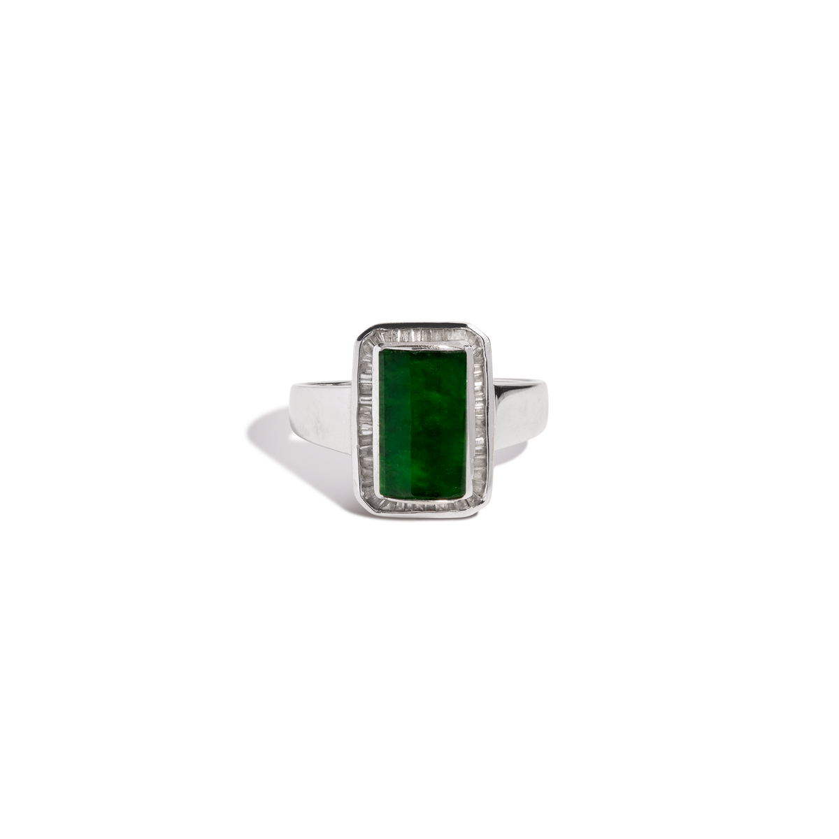 Vintage Green Jade and Baguette Diamond Ring 18k White Gold First