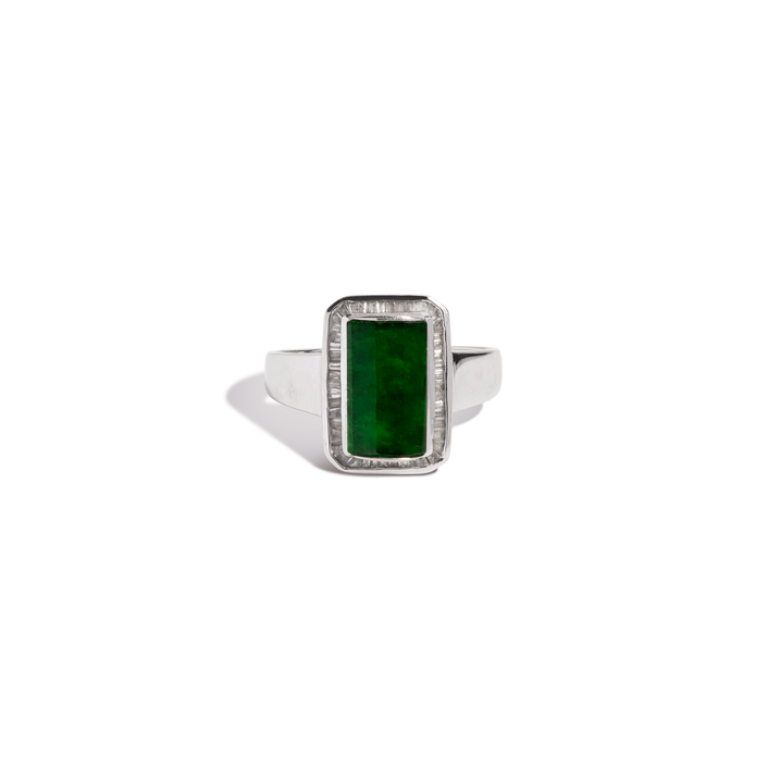 Vintage Green Jade and Baguette Diamond Ring 18k White Gold First