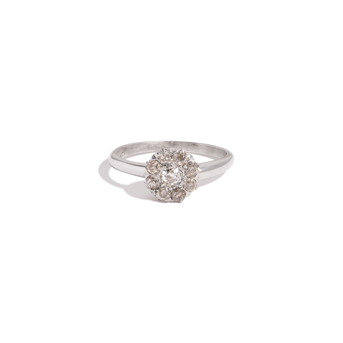 Antique Old European Cut Diamond Flower Ring 14k White Gold First