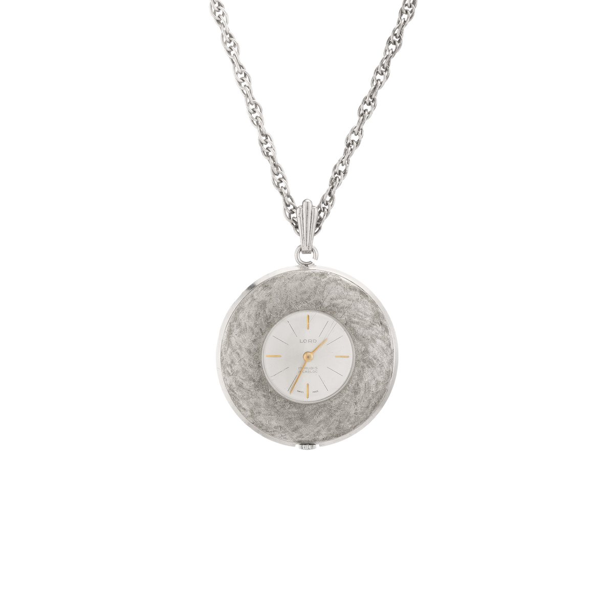 Vintage Florentine Pendant Watch Necklace Stainless Steel White Gold 30in First