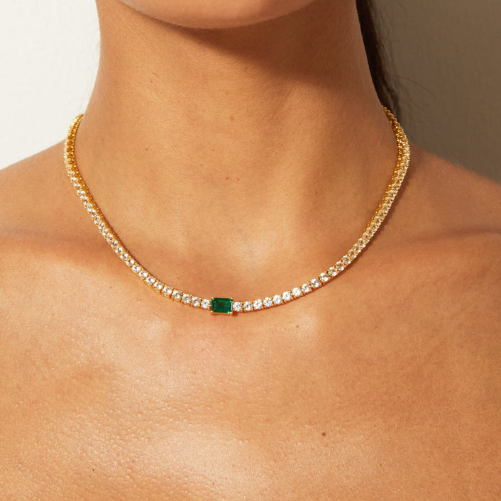 Lab Grown White Sapphire Tennis Necklace with Emerald