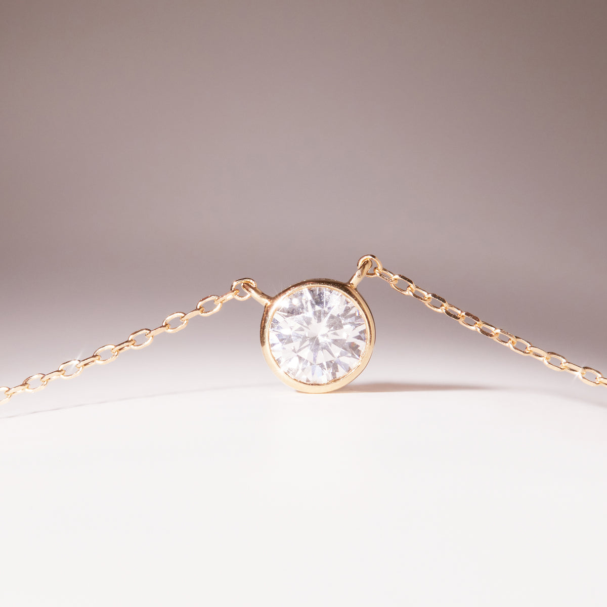 Large Lab Grown Diamond Bezel Necklace in Yellow Rose or White Gold