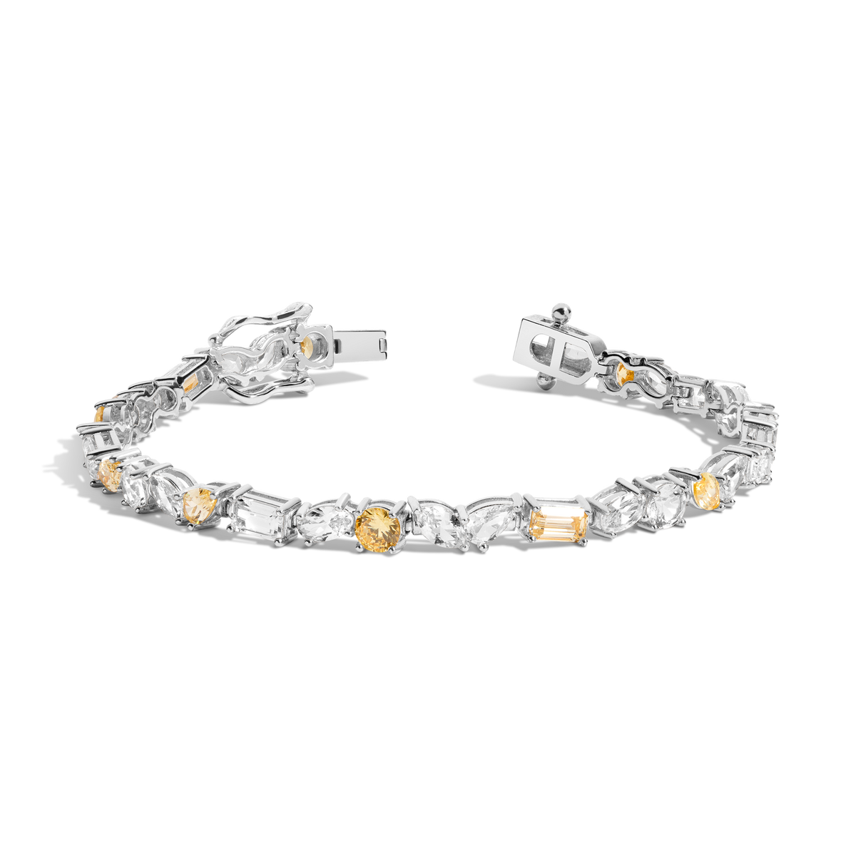 Lab Grown White Sapphire and Canary Mixed Shape Tennis Bracelet Vermeil White Gold 6in 6.5in 7in 7.5in First