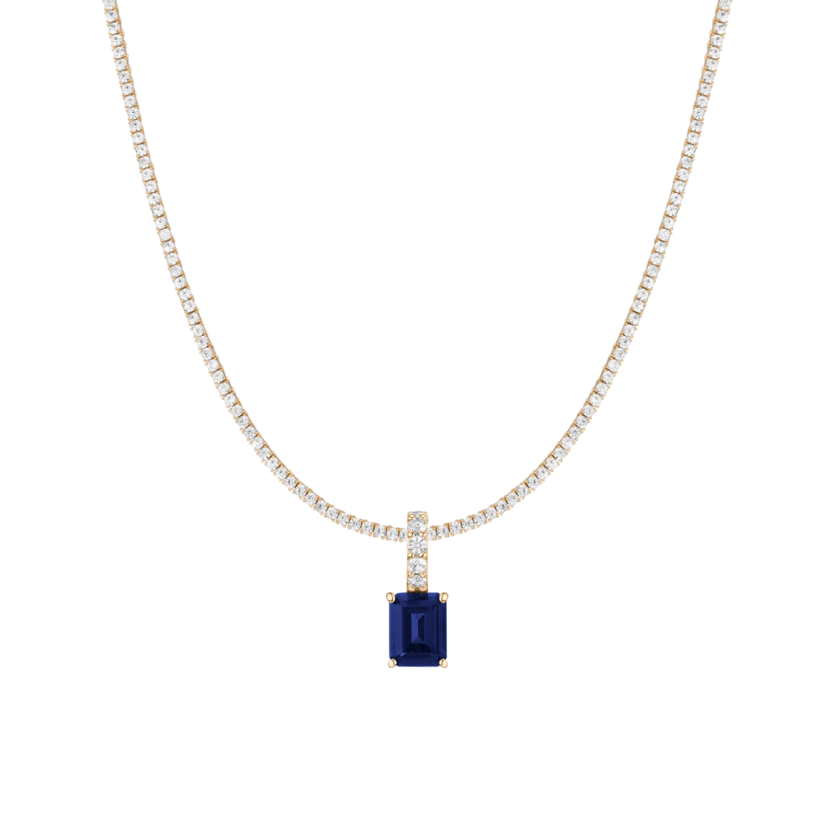 7ct Emerald Tennis Charm Necklace Set Yellow Gold 15in 16in 17in Lab Grown Blue Sapphire First