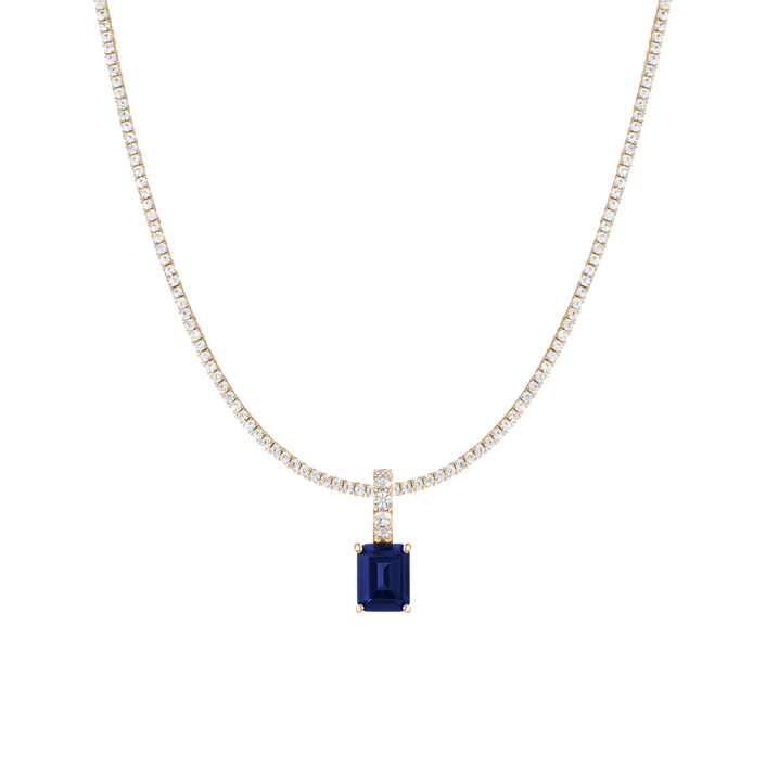 7ct Emerald Tennis Charm Necklace Set Yellow Gold 15in 16in 17in Lab Grown Blue Sapphire First