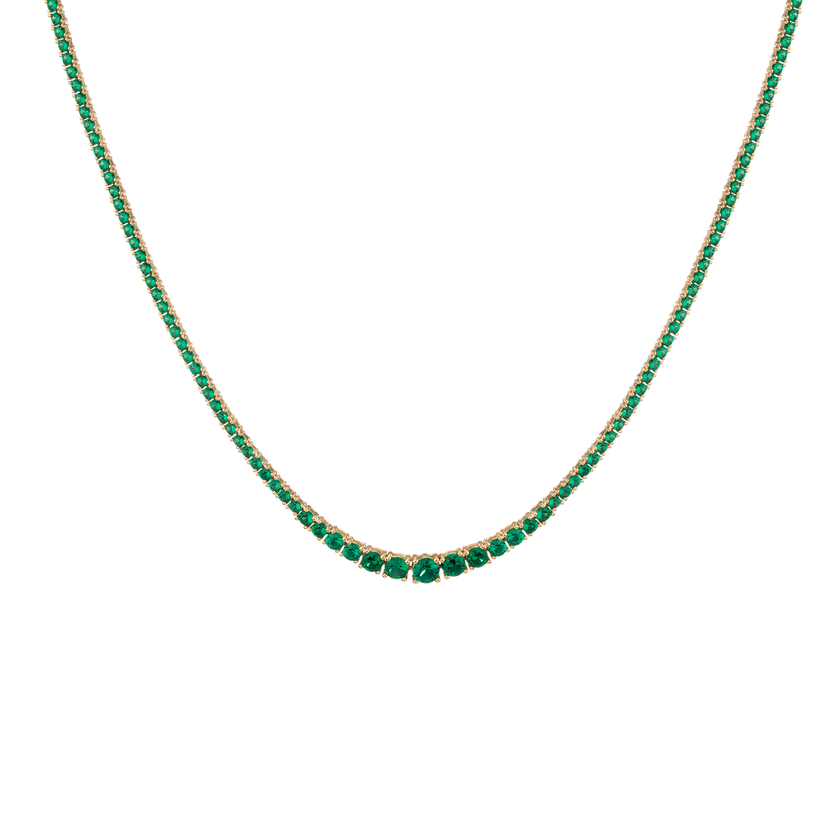Lab Grown Emerald Green Modern Graduated Tennis Necklace Vermeil Yellow Gold 16in First