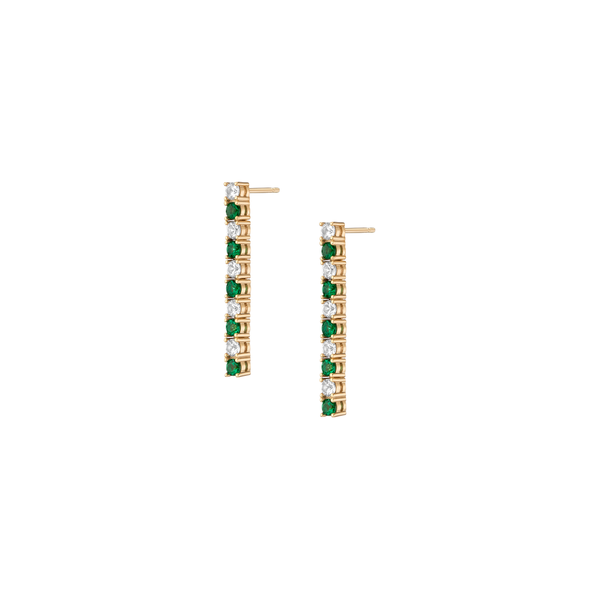 Lab Grown White Sapphire and Green Emerald Alternating Tennis Earrings Vermeil Yellow Gold