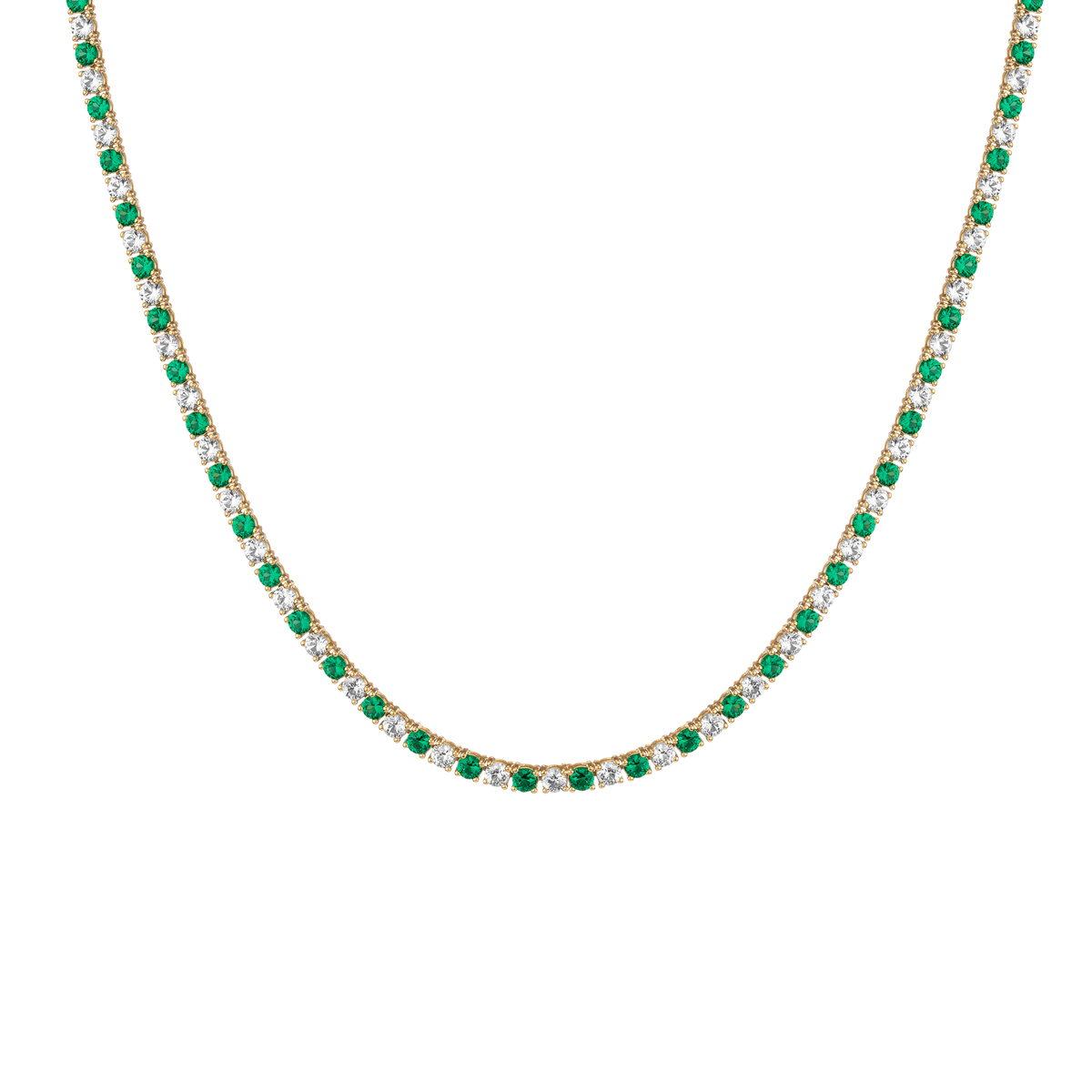 Lab Grown White Sapphire and Green Emerald Alternating Tennis Necklace Vermeil Yellow Gold 16in First