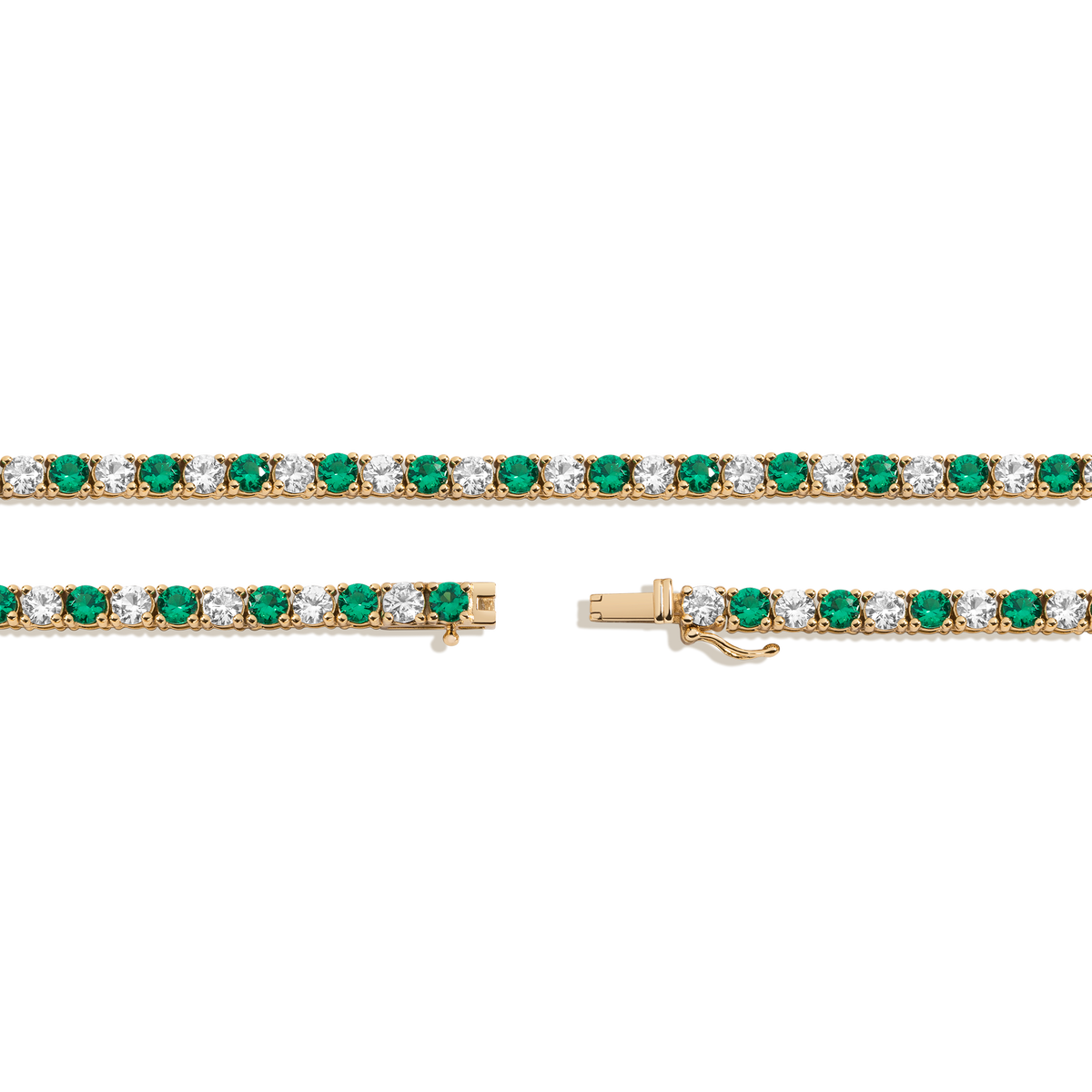 Lab Grown White Sapphire and Green Emerald Alternating Tennis Necklace Vermeil Yellow Gold 16in