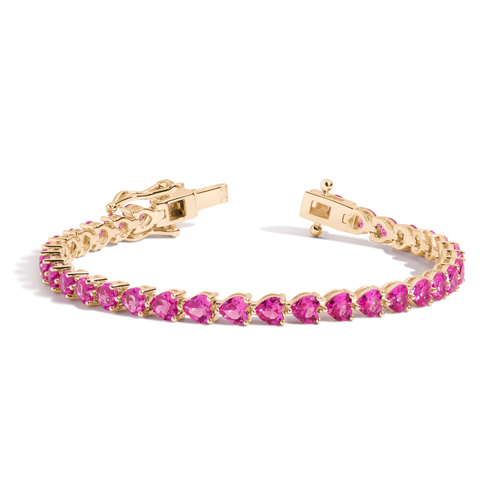 Lab Grown Pink Sapphire Heart Tennis Bracelet Vermeil Yellow Gold 6.5in 7in First