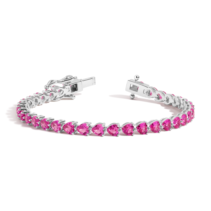 Lab Grown Pink Sapphire Heart Tennis Bracelet Vermeil White Gold 6.5in 7in First