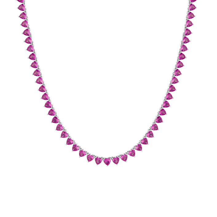 Lab Grown Pink Sapphire Heart Tennis Necklace Vermeil White Gold 16in First