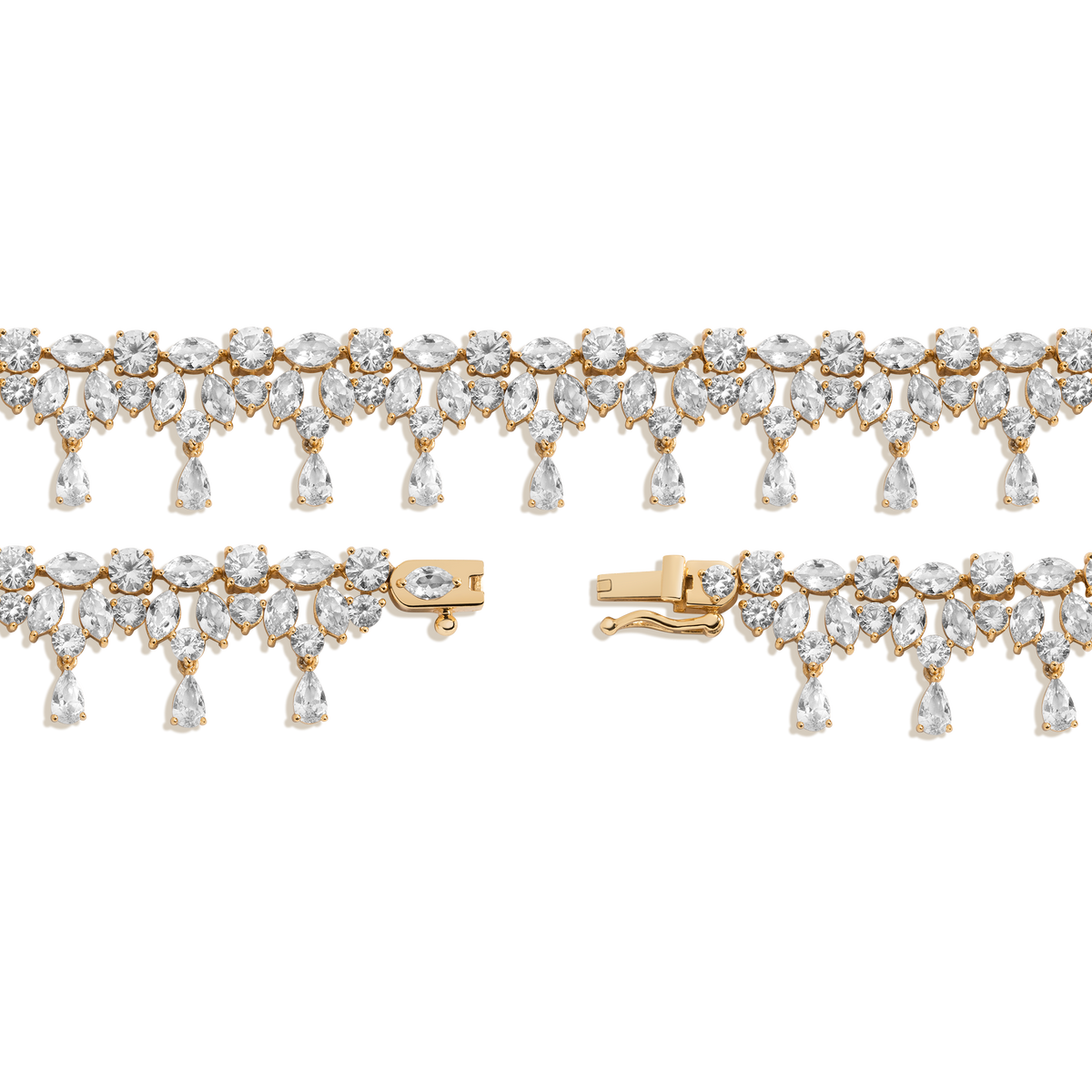 Lab Grown White Sapphire Teardrop Tennis Necklace Vermeil Yellow Gold 16in