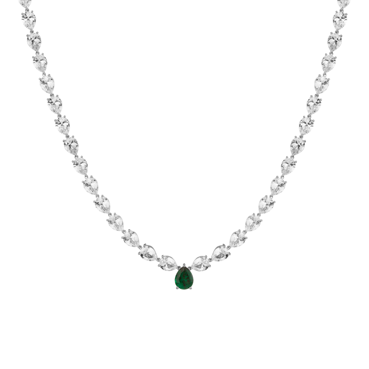 Lab Grown White Sapphire and Green Emerald Pear Tennis Necklace Vermeil White Gold 16in First