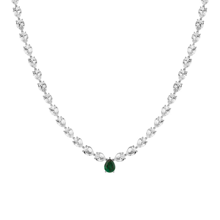 Lab Grown White Sapphire and Green Emerald Pear Tennis Necklace