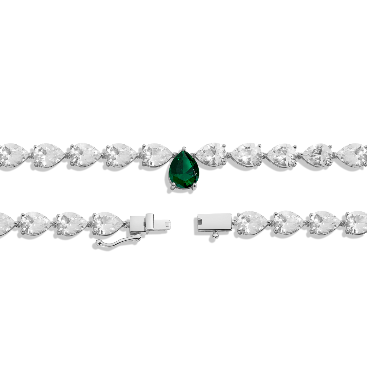 Lab Grown White Sapphire and Green Emerald Pear Tennis Necklace Vermeil White Gold 16in