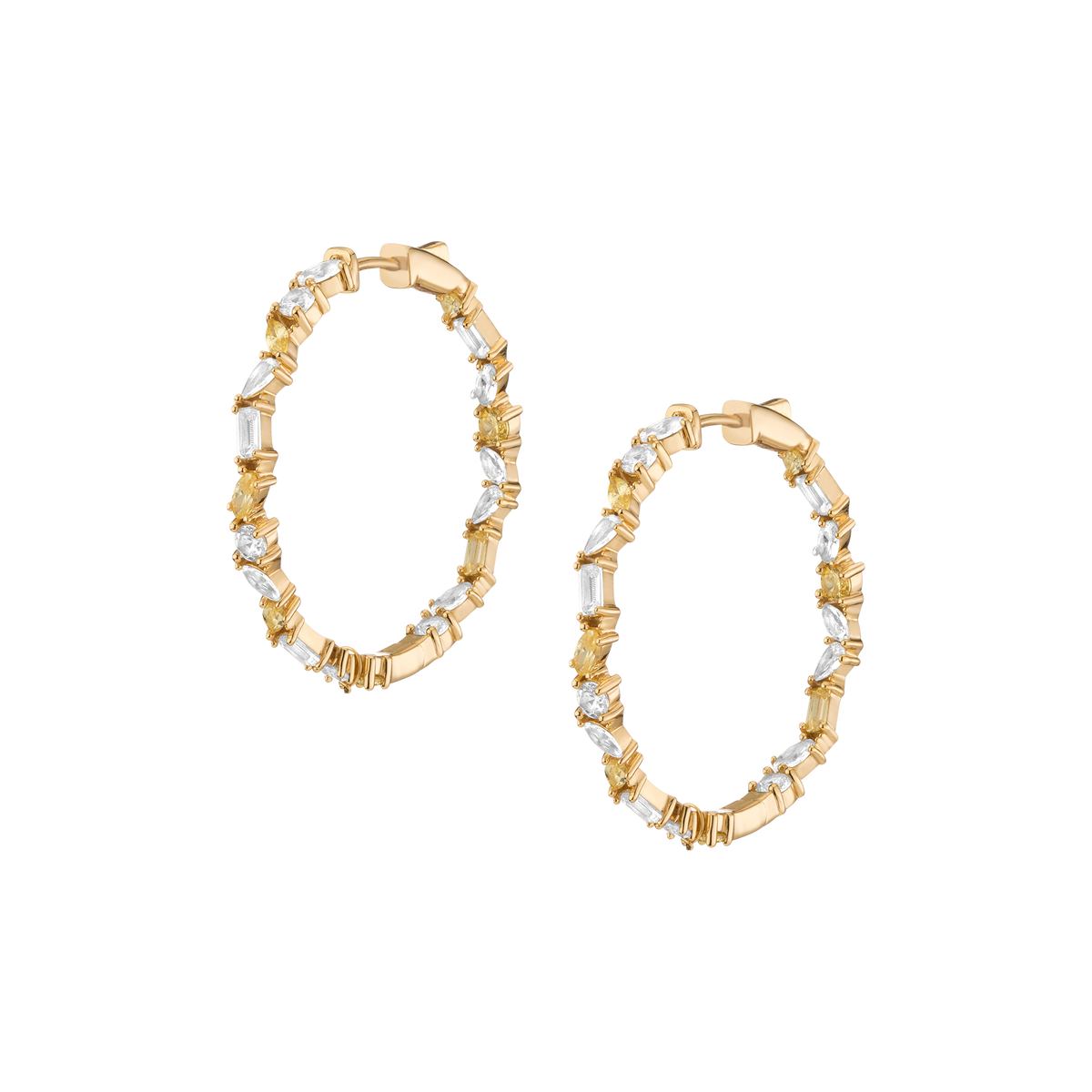 Lab Grown White Sapphire and Canary Mixed Shape Hoop Earrings Vermeil Yellow Gold First