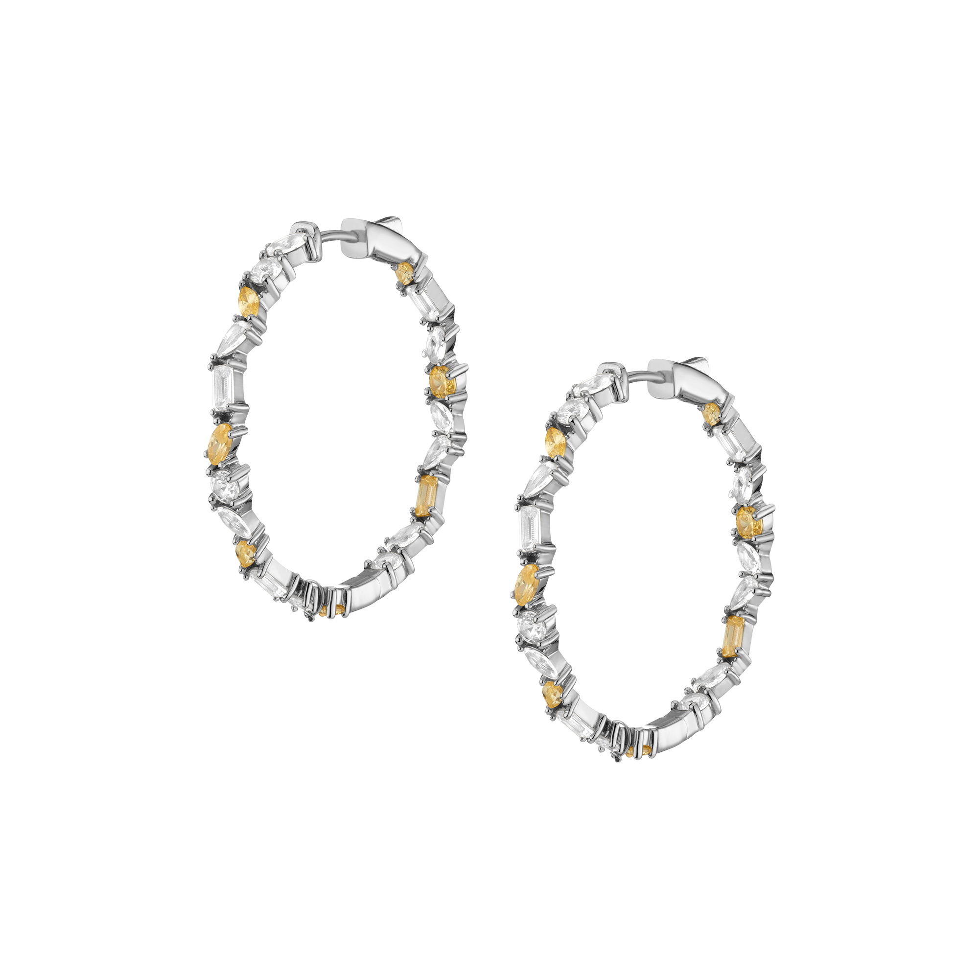 Lab Grown White Sapphire and Canary Mixed Shape Hoop Earrings