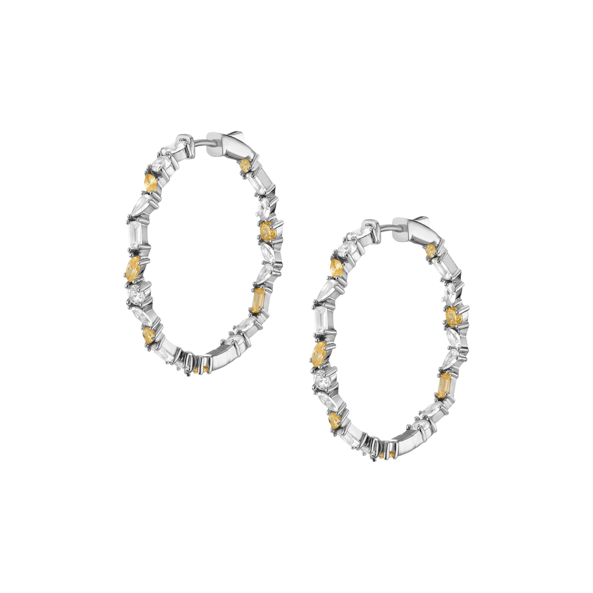 Lab Grown White Sapphire and Canary Mixed Shape Hoop Earrings Vermeil White Gold First