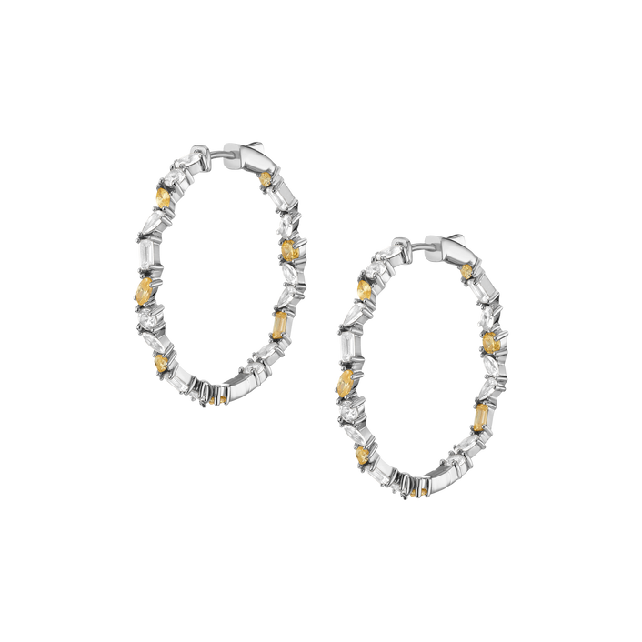 Lab Grown White Sapphire and Canary Mixed Shape Hoop Earrings Vermeil White Gold First