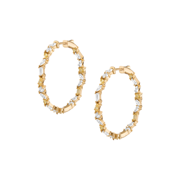 Lab Grown White Sapphire and Canary Mixed Shape Hoop Earrings
