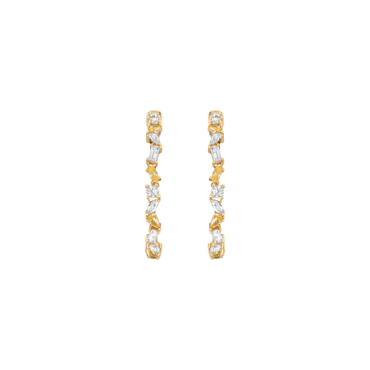 Lab Grown White Sapphire and Canary Mixed Shape Hoop Earrings Vermeil Yellow Gold