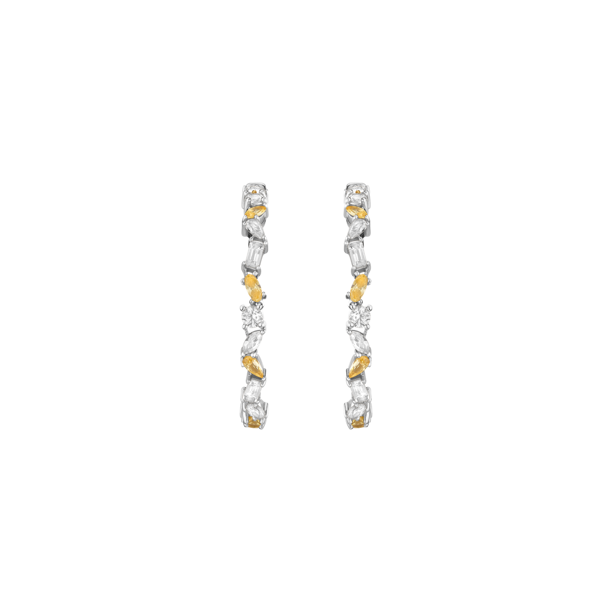 Lab Grown White Sapphire and Canary Mixed Shape Hoop Earrings Vermeil White Gold